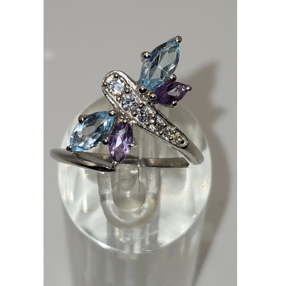 .925 Sterling Silver Dragonfly Amethyst/Topaz/CZ Ring Size 8.5 Value $495